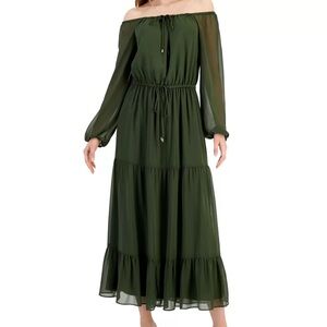 INC International Concepts Green Off-The-Shoulder Tiered Tie-Waist Maxi Dress